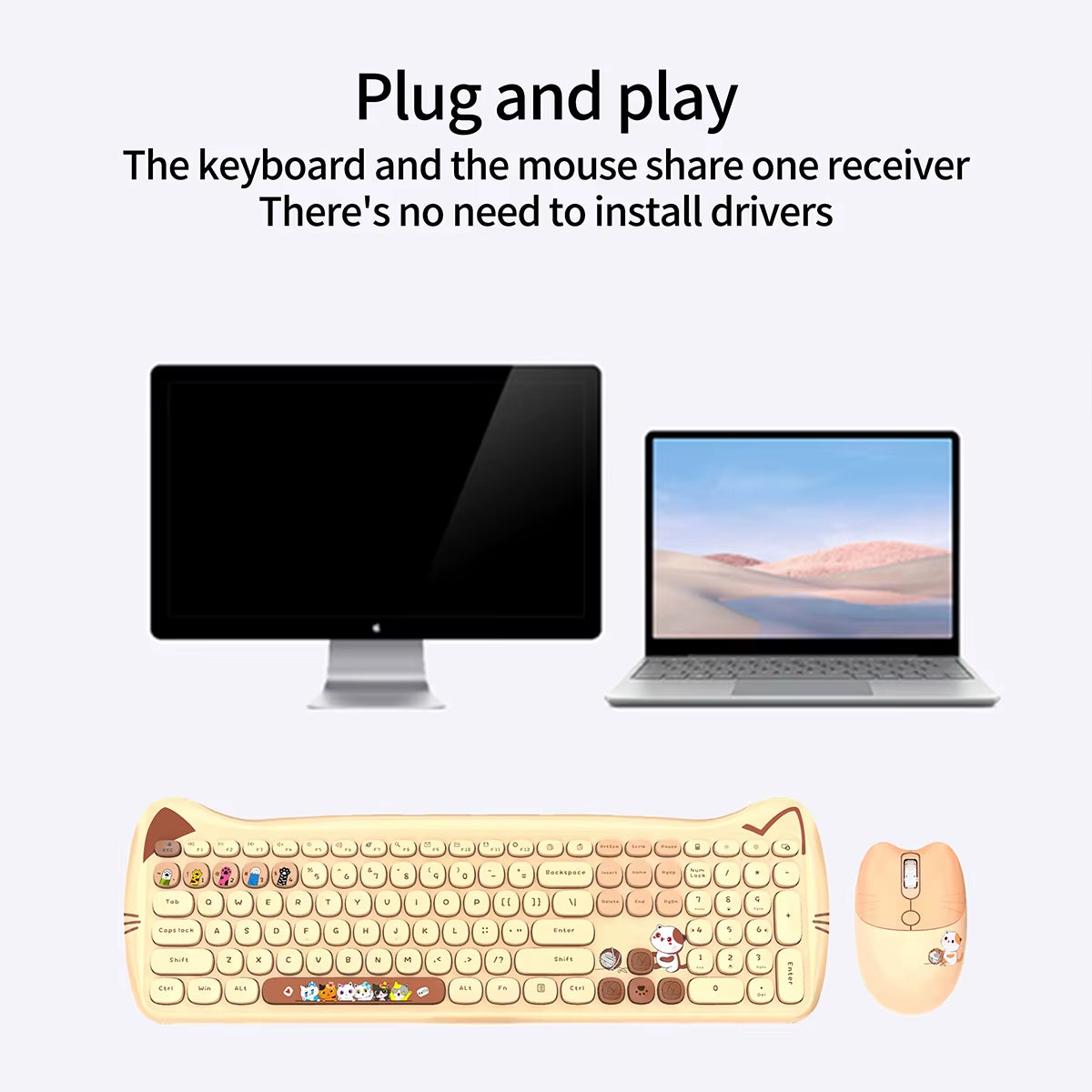 Wireless Connection Cute Cat Shape Mixed Color Keycaps Ergonomic Miaomeng plus Keyboard and Mouse Set