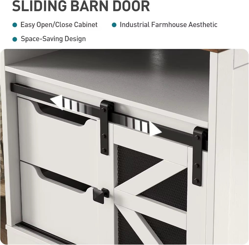 Farmhouse End Table with Charging Station, 2 Drawers & Barn Door, Rustic Wooden Nightstand for Bedroom Living Room