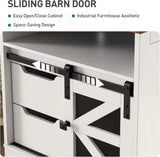 Farmhouse End Table with Charging Station, 2 Drawers & Barn Door, Rustic Wooden Nightstand for Bedroom Living Room