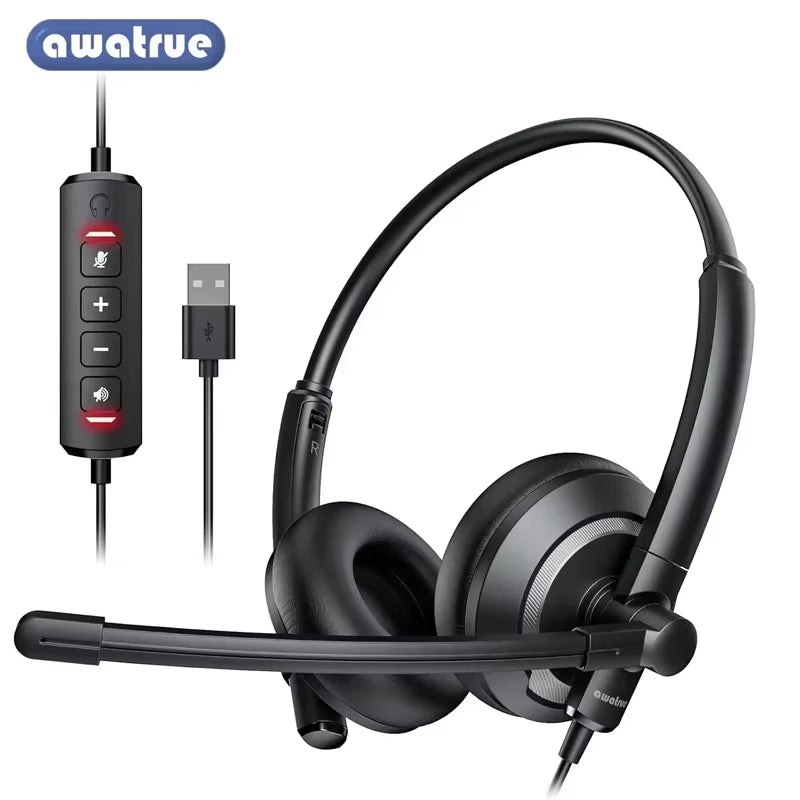 AWATRUE EH05 Wired USB Headset with Noise Cancelling Microphone Lightweight In-Line Control Enhanced Sound for PC Laptop