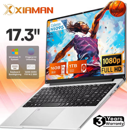 17.3" Computer Laptop  Celeron N5095 16GB DDR4 1TB SSD Windows 11 Fingerprint Office Laptops Notebook Computer Portable PC