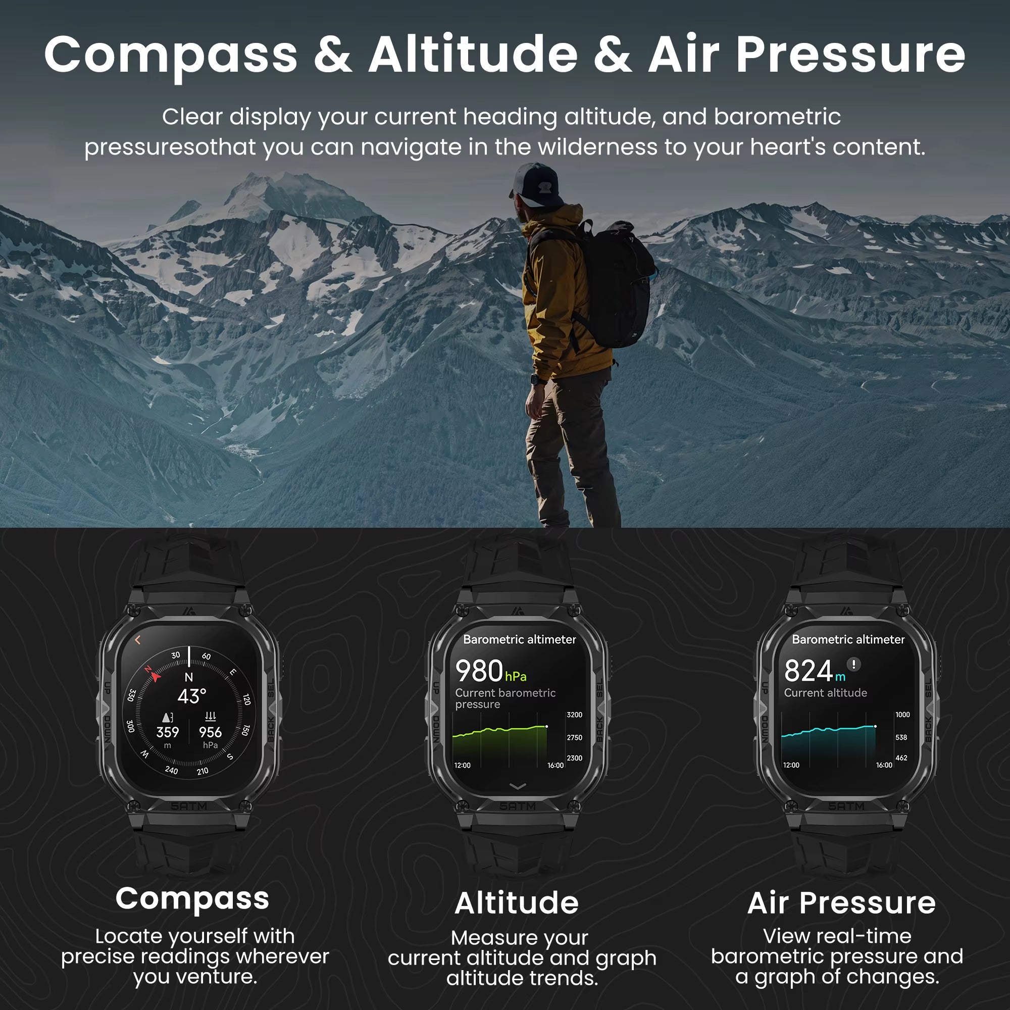 M3E GPS Smart Watch for Men Barometer Altitude Compass 6 Satellite Positioning Systems 480Mah 60 Days Extra-Long Battery