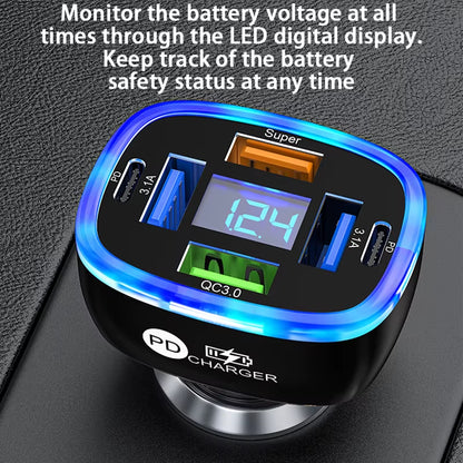 USB C Car Phone Charger 6 in 1 with Voltage Display Super Fast Charge Adapter for Samsung Iphone 16 15 Pro Max Oneplus