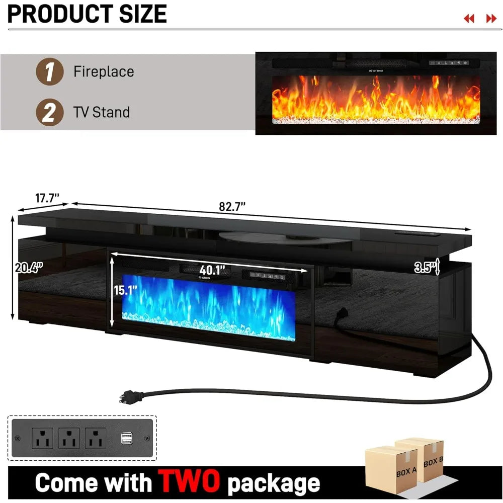 Black High Gloss LED TV Stand with Electric Fireplace and Power Outlet, 2 Storage Cabinets for 95 "TV Modern Furniture