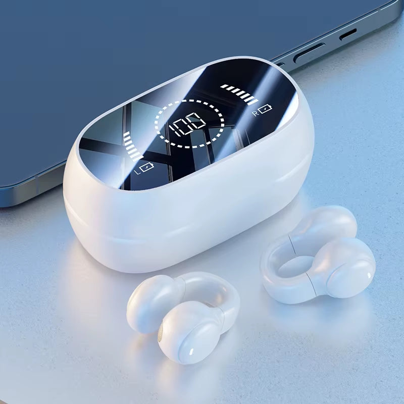 New Mirror Surface Digital Display Soft Silicone Ear Clip Wireless Bluetooth Earphones with Noise Reduction, High-Definition Sound, Lossless for Sports