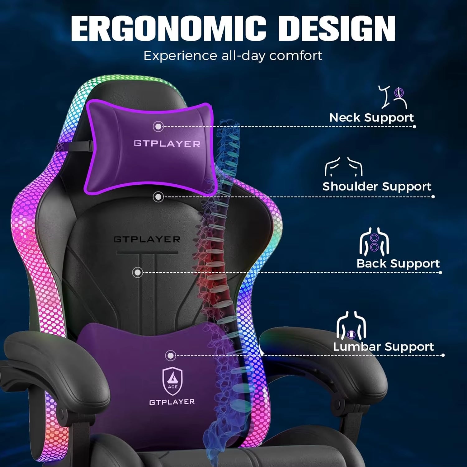 Ergonomic Gaming Chair with RGB LED Lights, High Back, Footrest & Reclining for Office Use