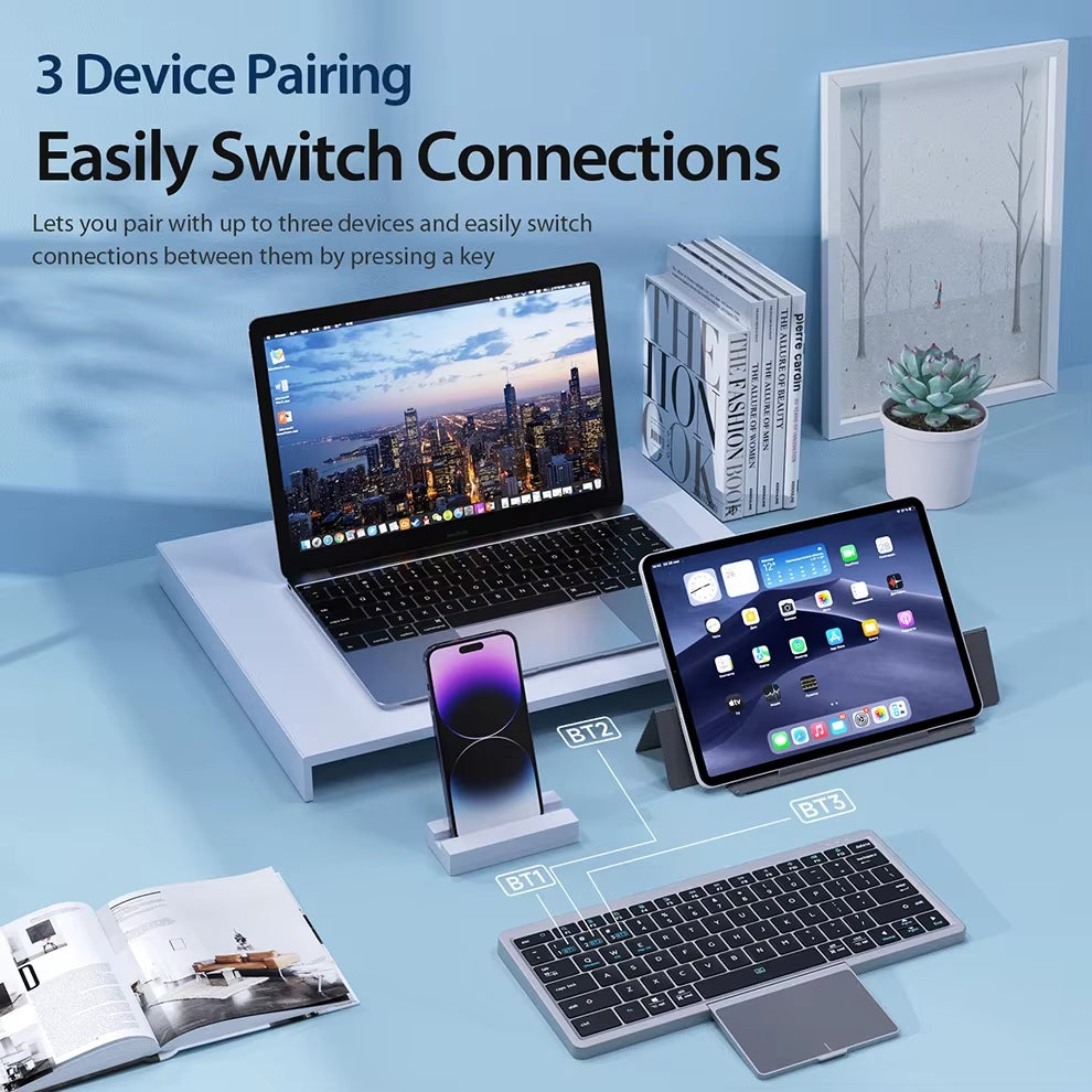 Bluetooth Keyboard Folding Keyboard with Touchpad Leather Case Rechargeable Multi-Device Wireless Bluetooth 5.2 Tablet Keyboard