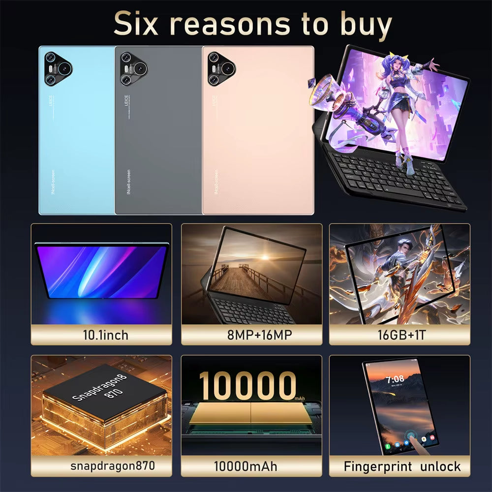 2025 Pad 16 Pro Tablet 10 Inch Android Snapdragon 870 Dual SIM Tablet 4K WIFI 10000Mah 16GB+1TB Tablets PC for Children Kids Tab