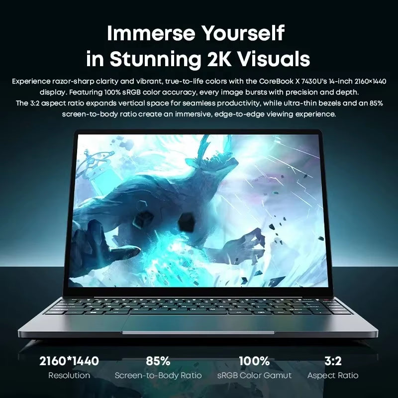 CHUWI Corebook X Gaming Laptop 14.1 Inch 2K IPS Screen  R5-7430U 16GB DDR4 RAM 512GB SSD Windows 11 Wifi6 Notebook Computer