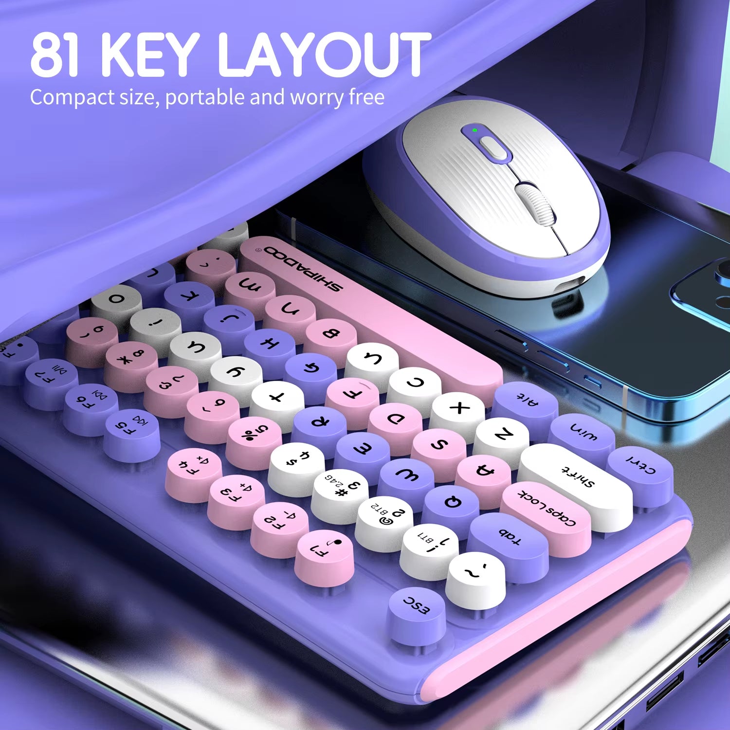 2.4G Wireless Keyboard&Mouse Combo Silent round Keycap Keyboard Bluetooth Rechargeable Computer Laptop 3 Steps 2400 DPI
