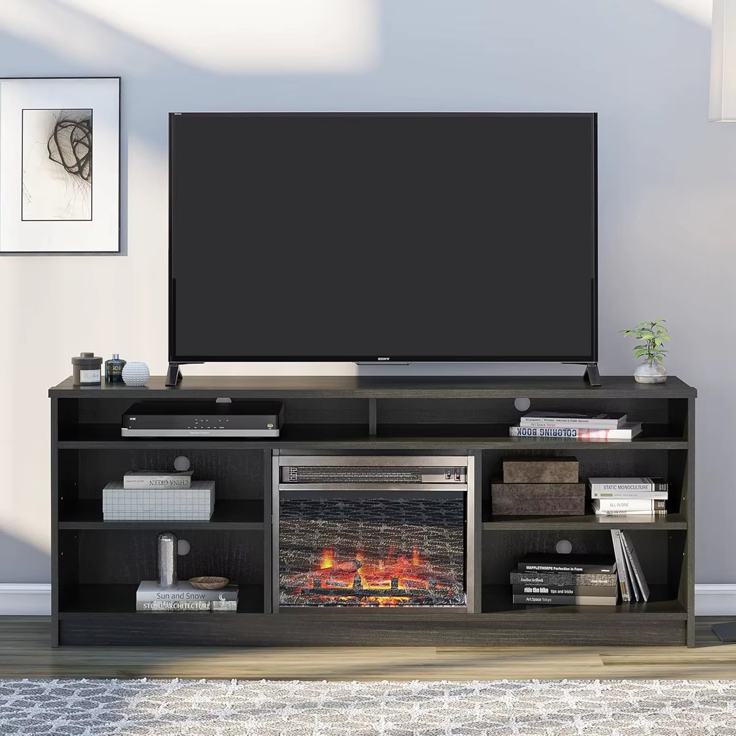 Hendrix Fireplace TV Stand for Tvs up to 65 Inch, Replaceable Electric Fireplace Insert Heater, Realistic Log and Flame Effect,
