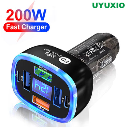 USB C Car Phone Charger 6 in 1 with Voltage Display Super Fast Charge Adapter for Samsung Iphone 16 15 Pro Max Oneplus