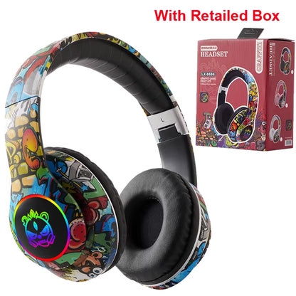 Graffiti Bluetooth Headphones Wireless LED Light Game Doodle Wireless Headsets with Mic for Kids Boy Girl Gift Support TF Card